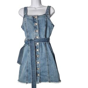 BY REWASH Denim Button‎ Front Belted Jean Dress Women Size M Frayed Hem Western